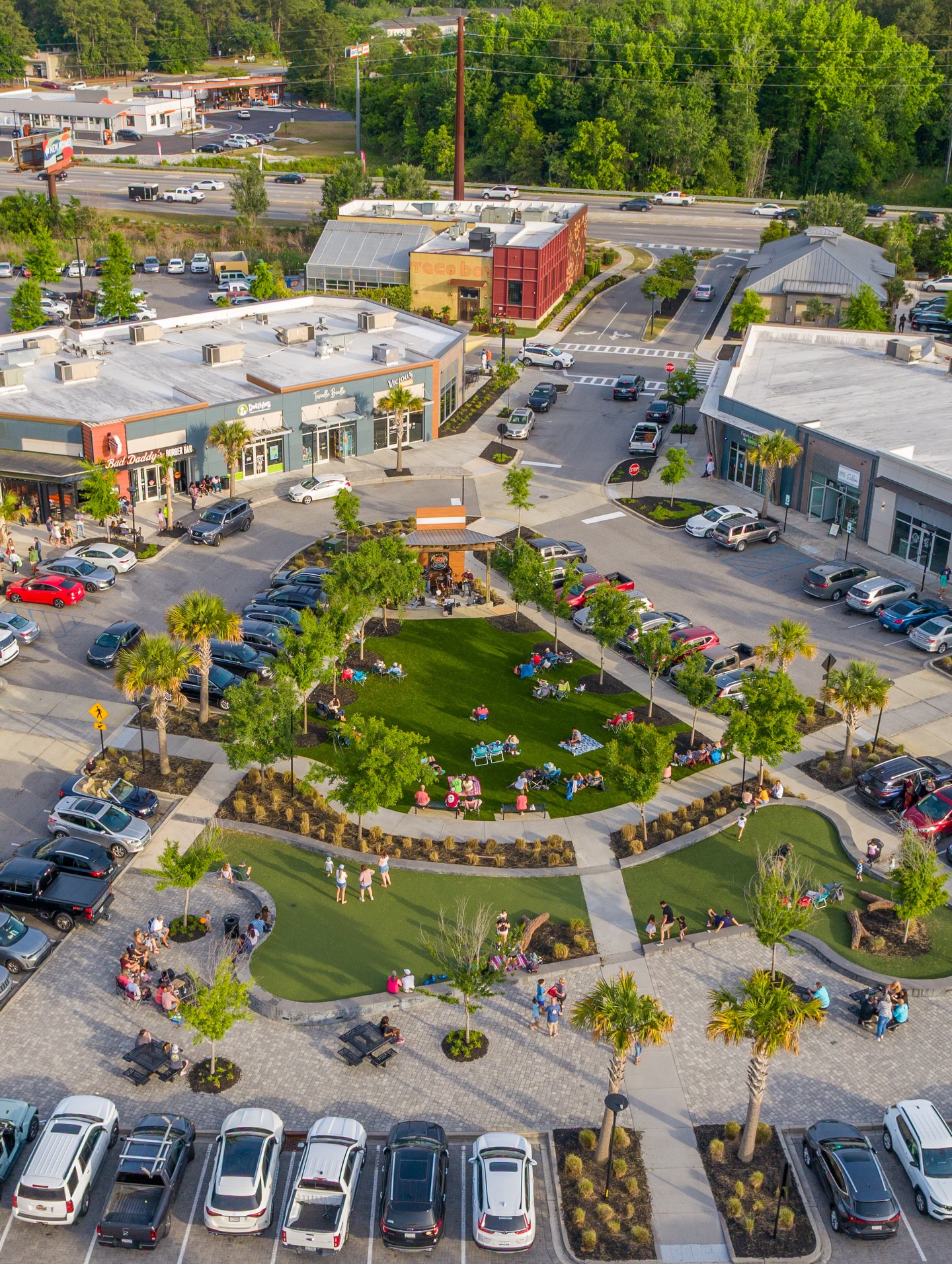 Aerial view of Nexton Square green with shops and restaurants