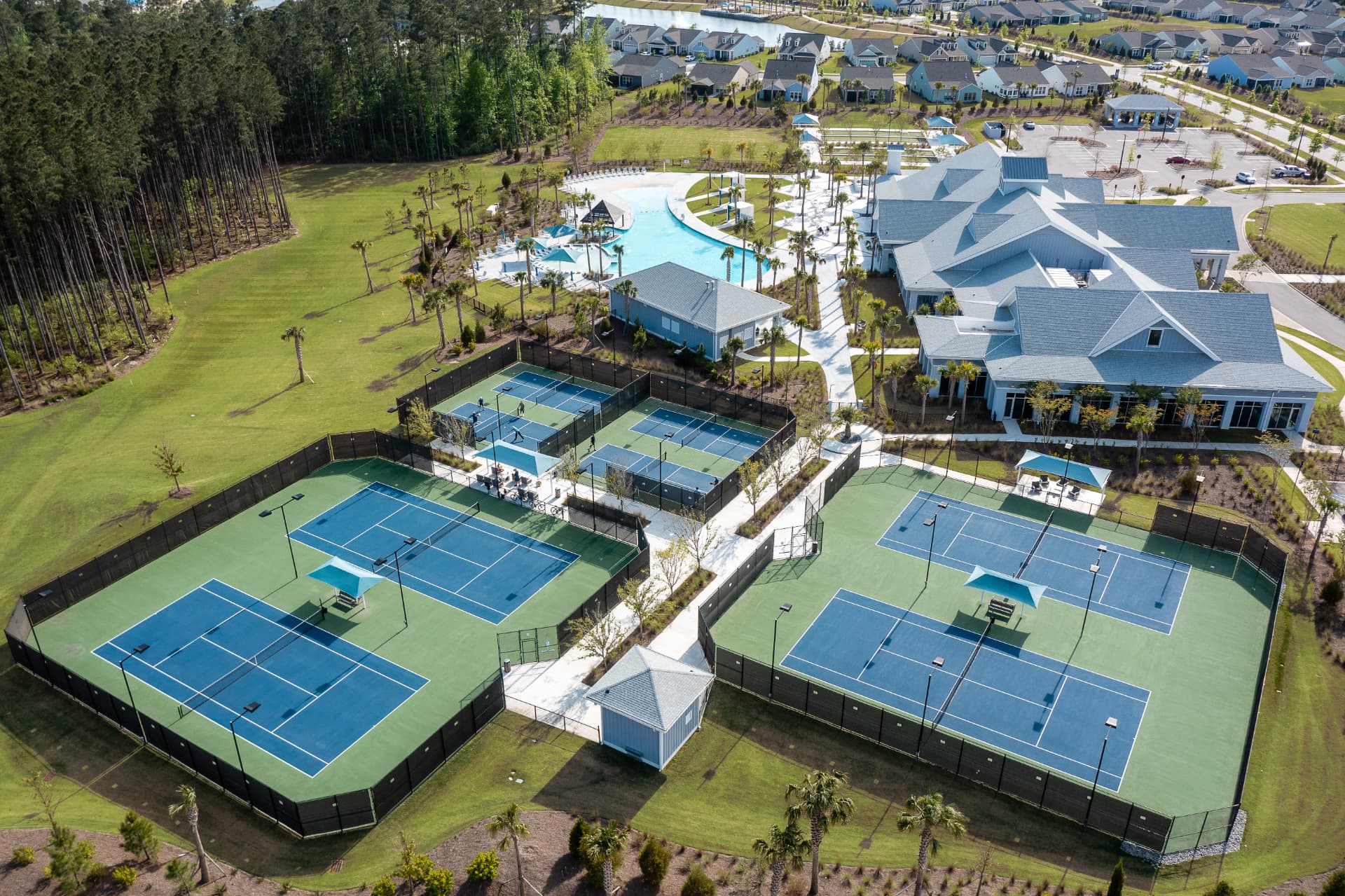 Aerial view of Del Webb Nexton sports courts and amenity buildings