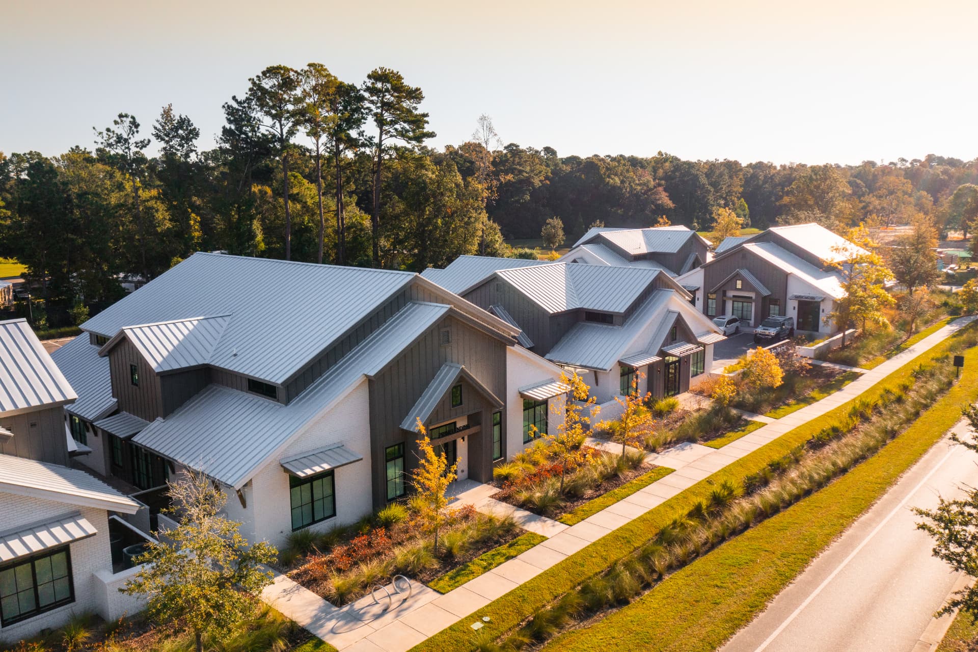 Aerial view of WorkPlace at Nexton along a tree-lined road