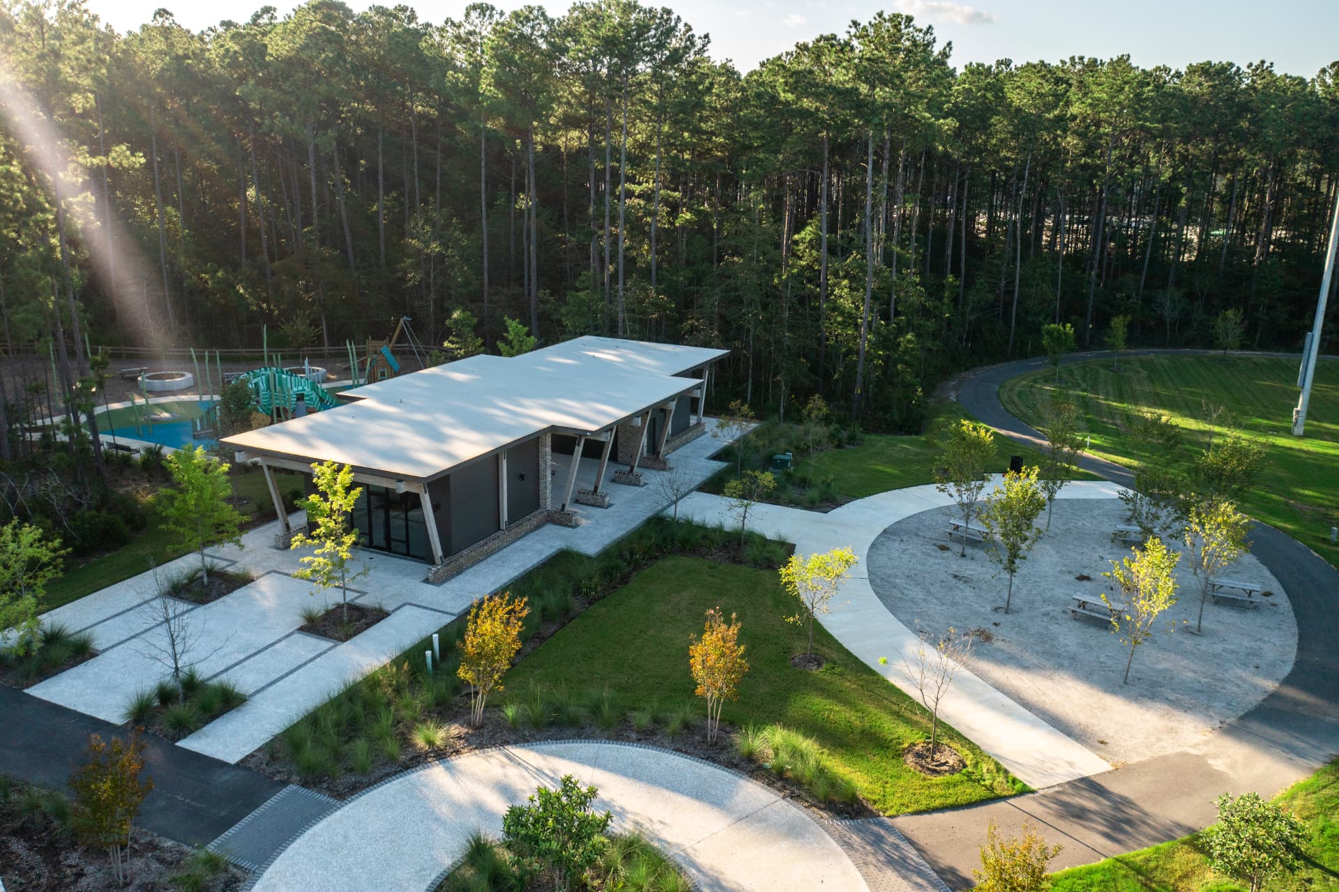 Aerial view of Nexton regional park pavilion, playground and lawn