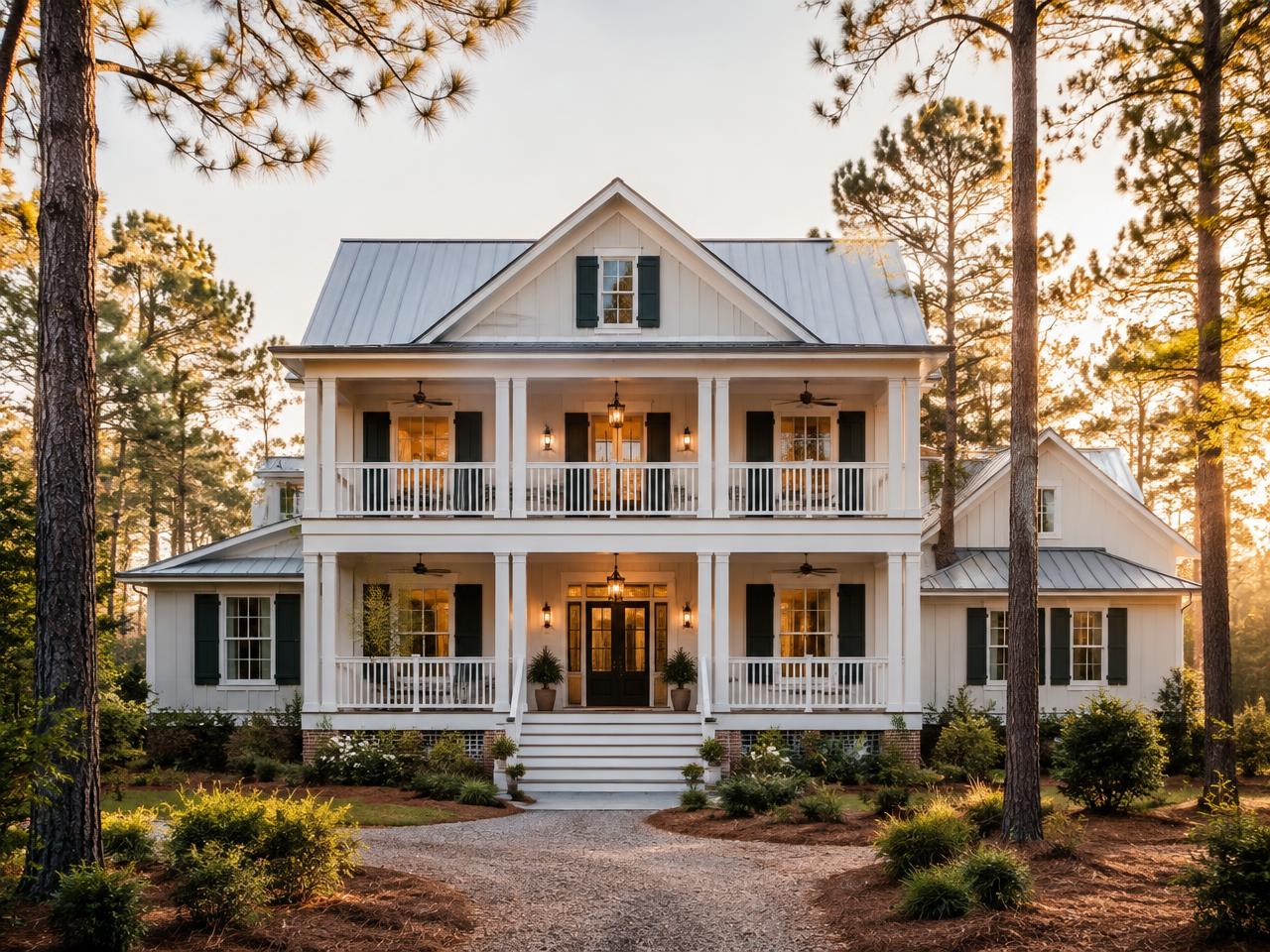 White two-story Lowcountry home with double front porches among tall pines at golden hour